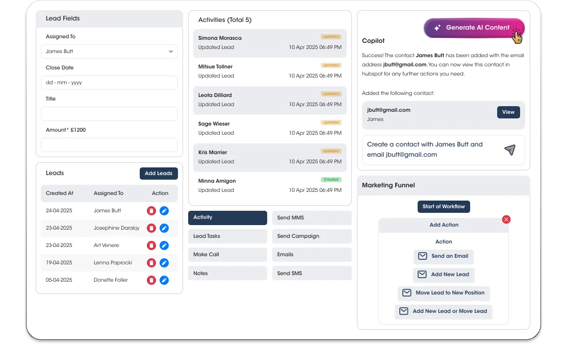 Telagus CRM lead record with activity timeline, AI copilot and a marketing funnel workflow